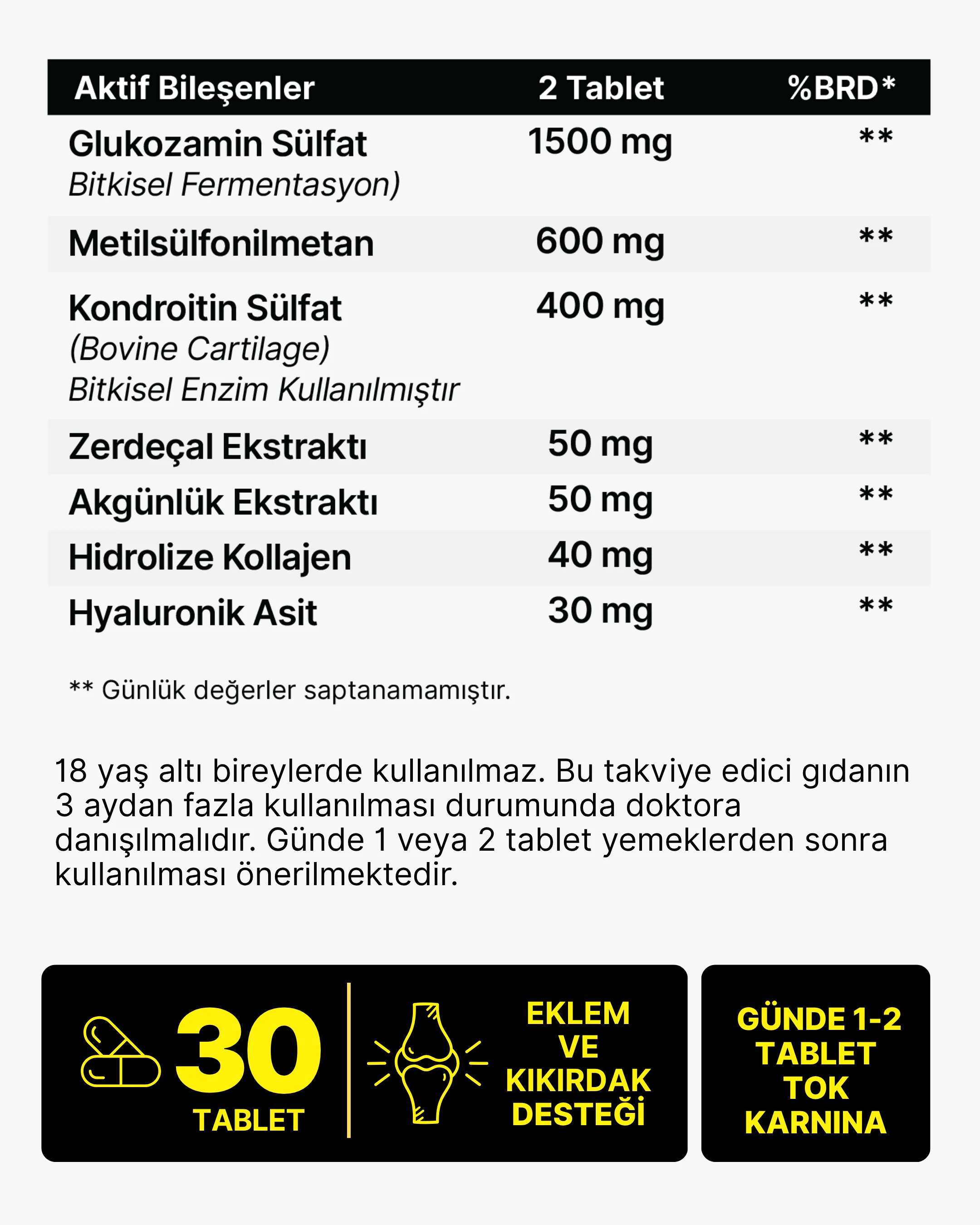 Glukozamin, MSM, Kondroitin Sülfat, Kolajen, Zerdeçal Özü, Akgünlük Ekstraktlı Tablet 1500 Mg - Image 3