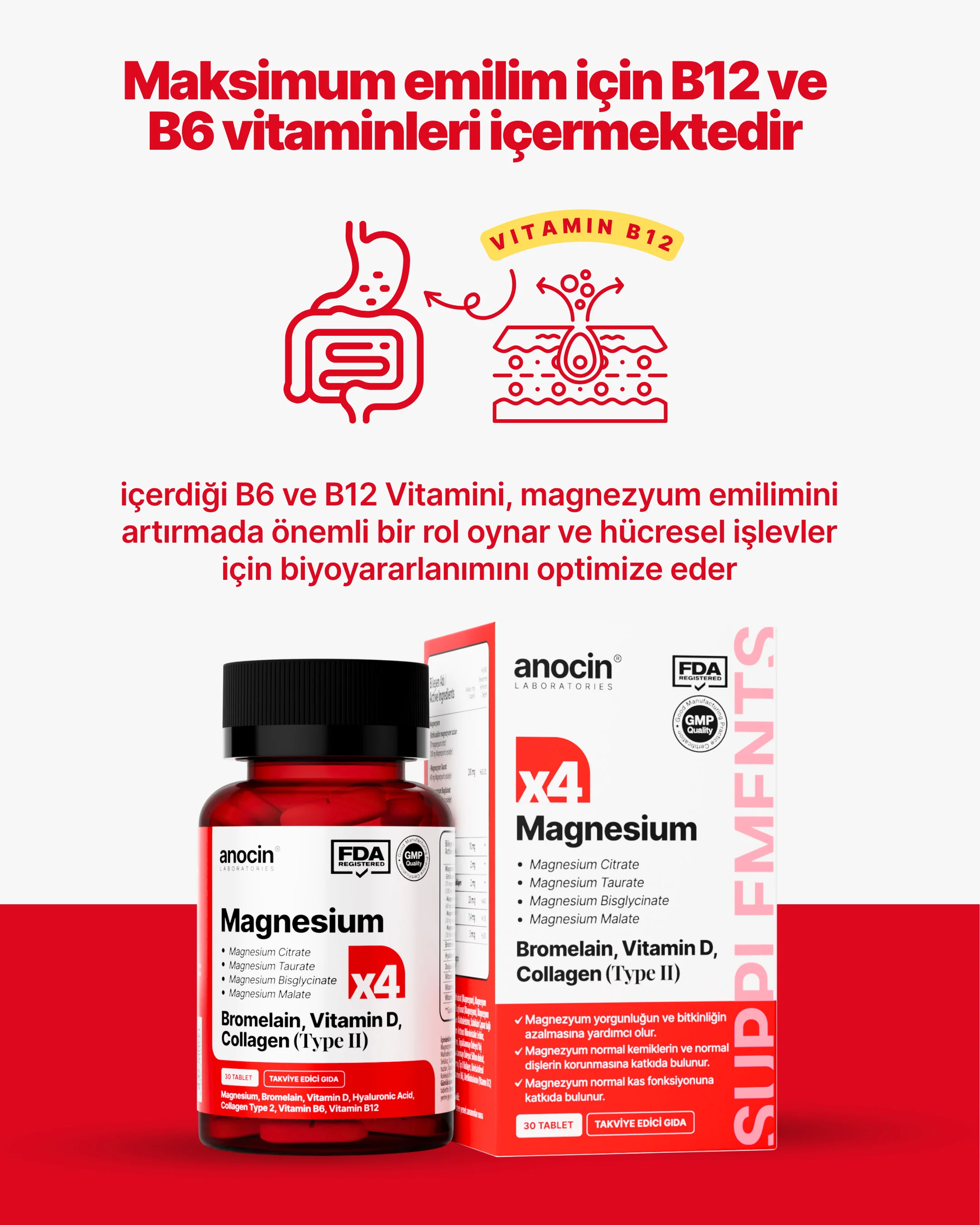 Magnezyum X4 - Sitrat, Taurat, Bisglisinat, Malat + Bromelain, D Vitamini, Kolajen (Tip 2), B6 Vitamini ve B12 Vitamini - Image 4